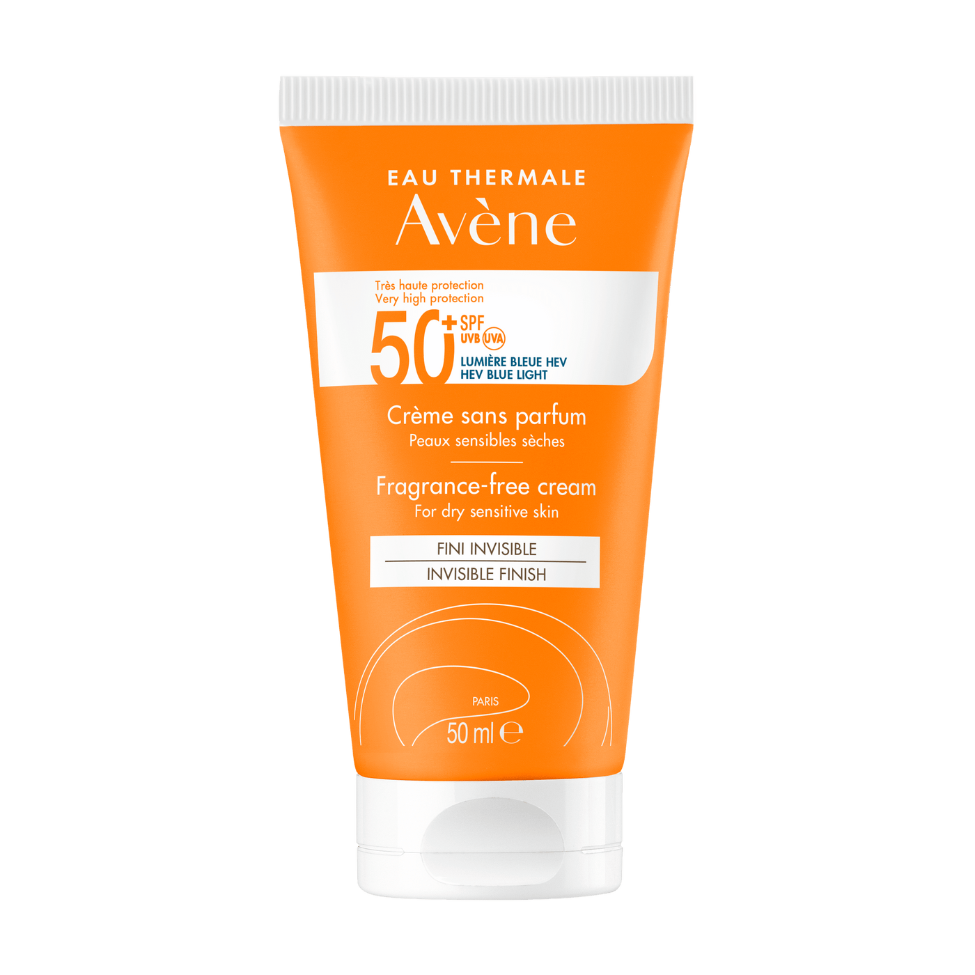 50 + spf, Avene, Eau thermale, invisible finish, sensible skin, fragrance-free, sun protection